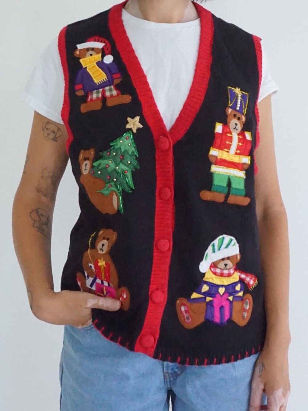 Vintage Nutcracker Black Red Teddy Bear Nutcracker Tree Ugly Christmas Vest M